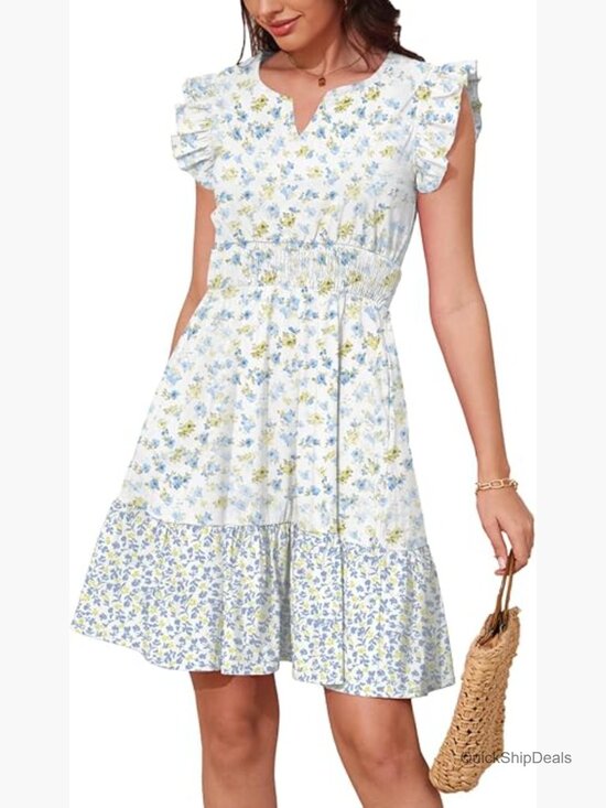 Other - Ruffle Sleeve Layered Dress with Pockets Elastic Waist V Neck